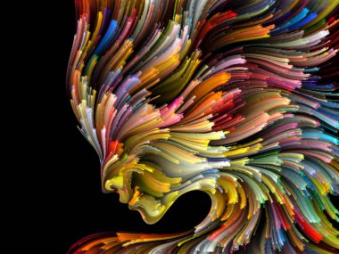 Yüz renk serisi. Arka plan tasarım insan profili ve yaratıcılık, tasarım, iç dünya, içgüdü ve sanatsal ruh konusunda boya hareketli renkli çizgiler