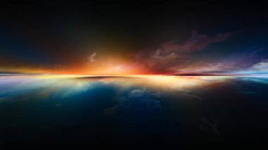 Neverland manzarası. Perspektif boya serisi. Bulutlar, renkler, ışıklar ve ufuk çizgisi tasarımı, boyama, yaratıcılık ve hayal üzerine eserler için zemin tasarım