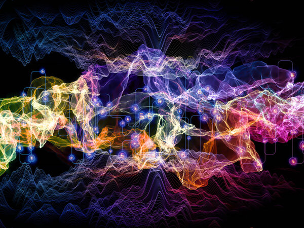 Multicolored Oscillation. Optical Flow series. Background design of color lines and lights isolated on black background on the subject of technology, design and education