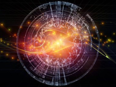 Numaralar Teknolojisi serisi. Teknoloji, bilim ve bilgisayar bilgisi dünyası için rakamların, ızgaraların ve ışıkların grafiksel bileşimi