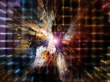 Teknoloji Hızı. Bilim, eğitim ve bilgisayar teknolojisi konularında hızlı genişleme kavramını resmetmek için matematikten oluşan parlak elementler.