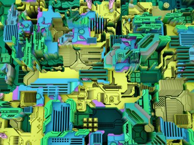 Yer Değiştirme Dünyası serisi. Bilim, modern teknoloji ve eğitim konularında soyut teknolojik örüntünün 3 boyutlu yorumlanması.