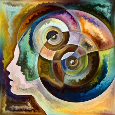 Çıkış Geometrisi. Gizli zihin serisi. İç yaşam, drama, şiir ve algı konuları için insan siluetlerinin, sanat dokularının ve renklerinin grafiksel kompozisyonu