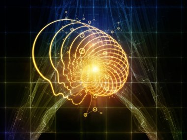 Zihin Bilimleri serisinden. İnsan siluetinden yapılmış spiral yüz çizgisi ve bilinç, akıl, yapay zeka ve teknoloji konularındaki soyut elementlerden yapılmış.