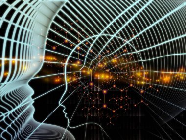 Zihin Bilimleri serisinden. İnsan siluetinden yapılmış spiral yüz çizgisi ve bilinç, akıl, yapay zeka ve teknoloji konularındaki soyut elementlerden yapılmış.