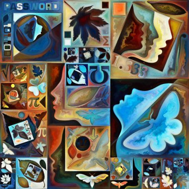 Tao Geometri. Gizli şifre serisi. İç hayat, drama, şiir ve algı ile kavramsal ilişkili insan siluetleri, sanat dokuları ve renkleri görüntüsü