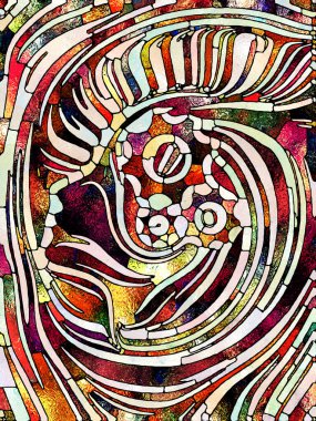 Çok renkli ışık. Lekeli Camlar Birliği serisi. Parçalanma, sanat, şiir ve tasarım birliğinin teması üzerine renk ve doku parçalarının kompozisyonu