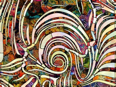 Çok renkli ışık. Lekeli Camlar Birliği serisi. Parçalanma, sanat, şiir ve tasarım birliğinin teması üzerine renk ve doku parçalarının kompozisyonu