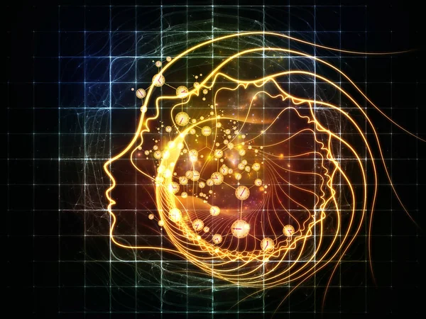 心の科学 シリーズに登場 人間のシルエットの顔の線と意識 人工知能と技術の主題に関する抽象的な要素のスパイラル — ストック写真
