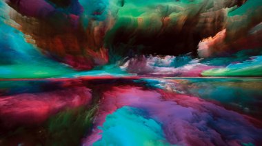 Hayalet Dağları. Gerçekliğe Kaçış dizisi. Sahne resmi, hayal gücü, yaratıcılık ve sanat konularında gerçeküstü günbatımı renkleri ve dokularının arka plan kompozisyonu