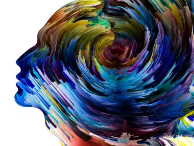Rahatsız edici Düşünceler serisi. İnsan yüzü siluetinin içinde hareket halindeki kalın boya. İç dünya, zihin, psikoloji, depresyon, anksiyete, zihinsel hastalık, yaratıcılık ve soyut sanat konularındaki sanat çalışmaları.