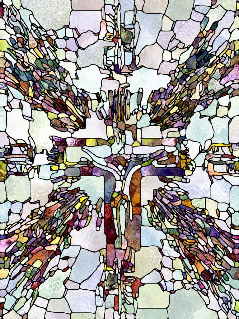 Faith of Light. Cross of Stained Glass series. Composition of organic church window color pattern on theme of fragmented unity of Crucifixion of Christ and Nature