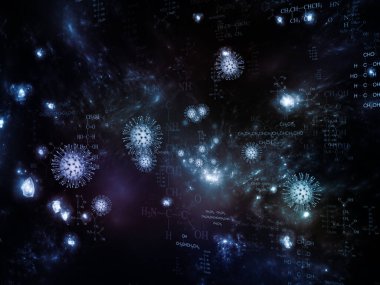 Coronavirus Kimya. Viral Salgın Serisi. Coronavirus parçacıkları ve mikro uzay elementlerinin virüs, salgın, enfeksiyon, hastalık ve sağlık projeleri için uygun 3D Illustration