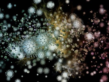 Coronavirus Mantığı. Viral Salgın Serisi. Coronavirus parçacıkları ve mikro uzay elementlerinin virüs, salgın, enfeksiyon, hastalık ve sağlık teması üzerine 3D Illustration