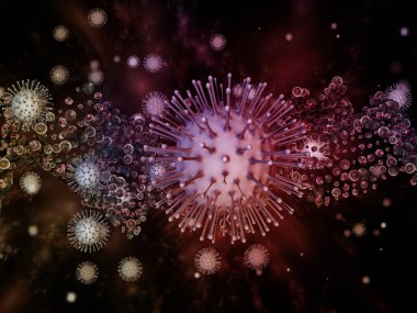 Virüs Mantığı. Viral Salgın Serisi. Coronavirus parçacıkları ve virüs, salgın, enfeksiyon, hastalık ve sağlıkla ilgili mikro uzay elementlerinin 3D Illustration 'ı