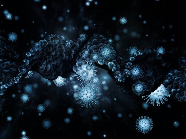 Coronavirus Evreni. Viral Salgın Serisi. Virüs, salgın, enfeksiyon, hastalık ve sağlık konularında 3 boyutlu Coronavirus parçacıkları ve mikro uzay elementleri