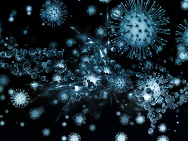 Coronavirus Mantığı. Viral Salgın Serisi. Virüs, salgın, enfeksiyon, hastalık ve sağlık konuları için 3D Coronavirus parçacıkları ve mikro uzay elementleri