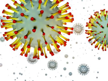 Coronavirus Matematik. Viral Salgın Serisi. 3 boyutlu Coronavirus parçacıkları ve mikro uzay elementlerinin virüs, salgın hastalık, enfeksiyon, hastalık ve sağlık ile kavramsal ilişkisi