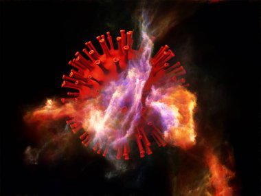 Kırmızı Coronavirus virüsü parçacığı ve üç boyutlu soyut elementlerin viral cisimler ve mikro ortam veya bağışıklık sistemi ile etkileşimi üzerine 3 boyutlu yorumlanması