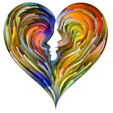Duygusal Palet serisi. Heart Over Egos. Aşk, ilişkiler ve romantizm konularındaki erkek ve kadın siluetlerinin birleşiminde canlı renklerin soyut resmi.