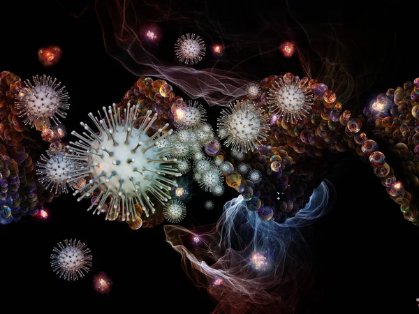 Renderowanie Interakcji Cząstek Wirusowych Abstrakcyjnych Elementów Komórkowych Temat Koronawirusu Infekcji — Zdjęcie stockowe