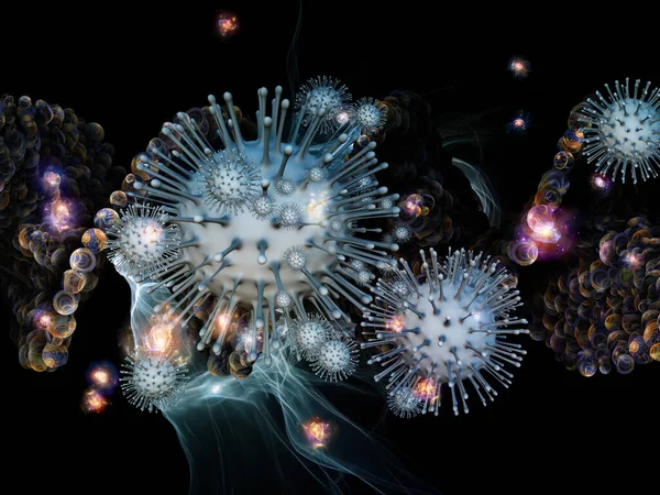 Representación Interacción Partículas Virales Elementos Microscópicos Abstractos Sobre Tema Coronavirus —  Fotos de Stock