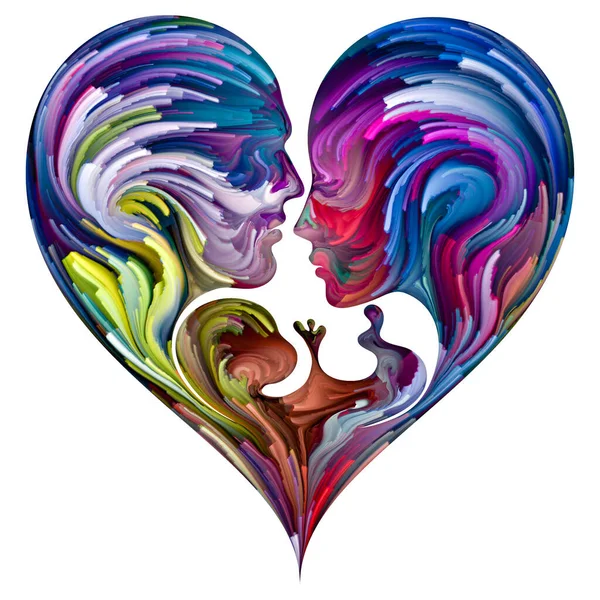 Soul Mates series. Male and female heads joined into heart shape symbol with brushstrokes of digital paint. Illustration on subject of love, romance,  marriage and family.