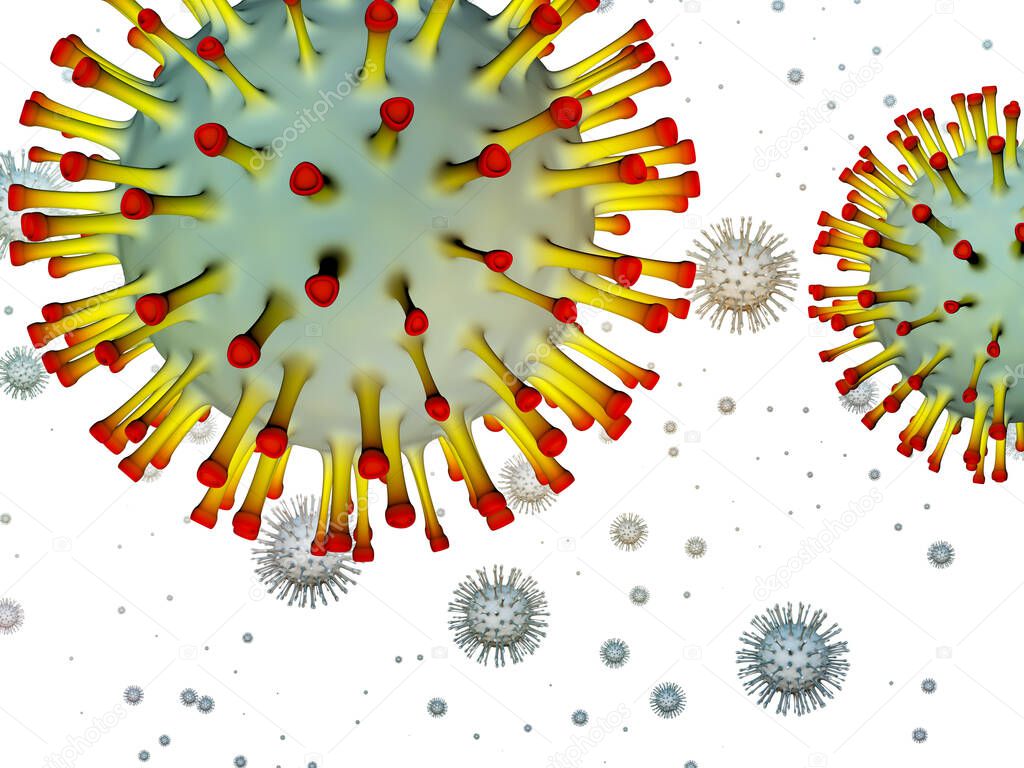 Coronavirus Math. Viral Epidemic series. 3D Illustration of Coronavirus particles and micro space elements in conceptual relevance to virus, epidemic, infection, disease and health
