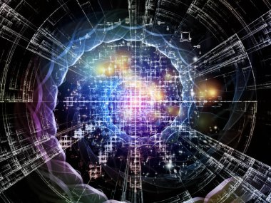 Eğitim, modern teknoloji, bilim ve sanal gerçeklik konularındaki fraktal disk ve soyut yapıların 3 boyutlu çizimi.