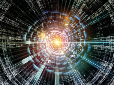 Eğitim, modern teknoloji, bilim ve sanal gerçeklik konularındaki fraktal disk ve soyut yapıların 3 boyutlu çizimi.