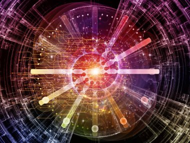 Eğitim, modern teknoloji, bilim ve sanal gerçeklik konularındaki fraktal disk ve soyut yapıların 3 boyutlu çizimi.