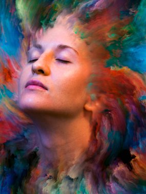 İç dış serisi. Duygular, duygular, iç dünya, yaratıcılık ve hayal gücü konusunda canlı boya ile arka plan kompozisyonu kadın portresi erimiş