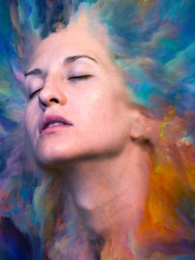 Dünya serisi. Duygular, duygular, iç dünya, yaratıcılık ve hayal gücü konularında kadın portresiyle birleştirilmiş sanatsal soyutlama.