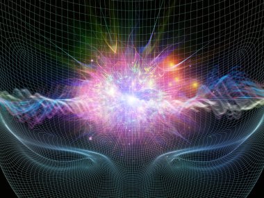 Zihin dalgası serisi. Bilinç, akıl, düşünce ve iç dünya üzerine soyut ışık dalgalarıyla insan yüzünün kablo çerçevesi..