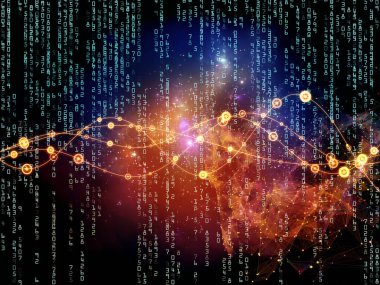 Salınımlı sinüs dalgaları, sayılar, ışıklar ve ağ düğümleri ağ ve bilgi teknolojisi konusunda zemin