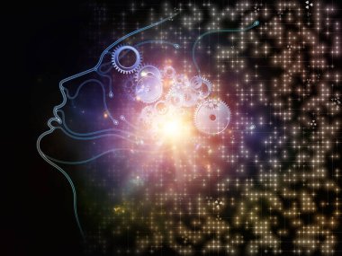 Yapay mantık serisinin ışığı. İnsanın yüz hatlarının ve zihin, teknoloji ve bilinç konularındaki dijital elementlerin arkaplanı