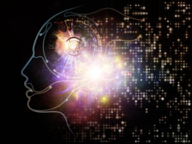 Makine mantık serisinin ışığı. İnsanın yüz hatlarının ve zihin, teknoloji ve yapay zeka konularındaki dijital elementlerin arka planı