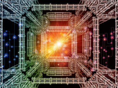 Fraktal yapıların 3 boyutlu çizimi, soyut dijital ağ ve modern teknoloji, veri işlemenin geleceği ve sanal gerçeklik üzerine ışıklar