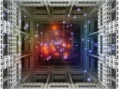 Fraktal yapıların 3 boyutlu çizimi, soyut dijital ağ ve modern teknoloji, veri işlemenin geleceği ve sanal gerçeklik üzerine ışıklar