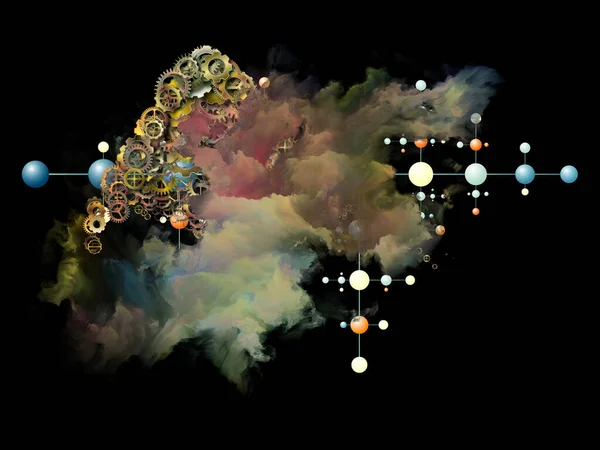 Série Cloud Networking Composição Engrenagens Símbolos Moléculas Fumaça Colorida Sobre — Fotografia de Stock