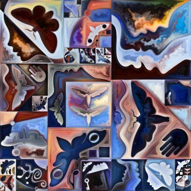 Spektral bitki. Gizli şifre serisi. İnsan siluetleri, sanat dokuları ve renklerinden oluşan sanatsal soyutlama, iç hayat, drama, şiir ve algı konularında etkileşime girer.