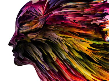 Sade arka planda izole edilmiş insan profilleri ve içinde çok renkli boya izleri var. Yaratıcılık, hayal gücü ve sanat konusunda.