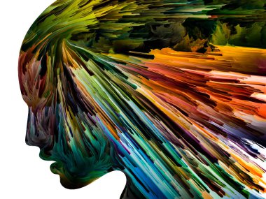 Rahatsız edici Düşünceler serisi. İnsan yüzü siluetinde hareketli karamsar bir boya. İç dünya, zihin, psikoloji, depresyon, anksiyete, zihinsel hastalık, yaratıcılık ve soyut sanat konularındaki sanat çalışmaları.