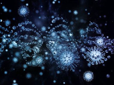 Coronavirus Gerçekliği. Viral Salgın Serisi. Koronavirüs parçacıkları ve mikro uzay elementlerinin virüs, salgın hastalık, enfeksiyon, hastalık ve sağlıkla ilişkili 3D çizimi
