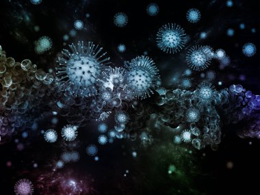 Coronavirus Mantığı. Viral Salgın Serisi. Virüs, salgın, enfeksiyon, hastalık ve sağlık konuları için 3D Coronavirus parçacıkları ve mikro uzay elementleri