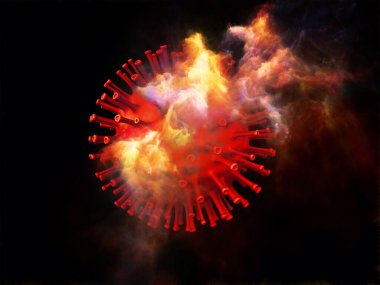 Kırmızı Coronavirus virüsü parçacığı ve üç boyutlu soyut elementlerin viral cisimler ve mikro ortam veya bağışıklık sistemi ile etkileşimi üzerine 3 boyutlu yorumlanması