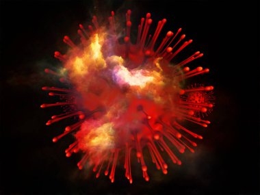 Viral enfeksiyon, bağışıklık sistemi, ilaç ve sağlık konularında kırmızı Coronavirus virüsü parçacığı ve mikro çevre elementlerinin 3 boyutlu oluşturulması