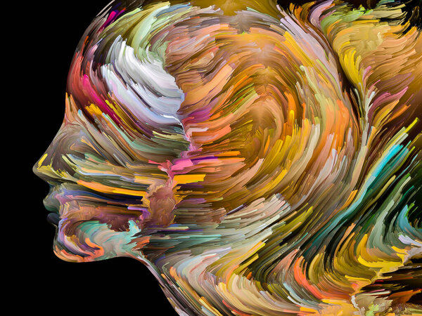 Disturbing Thoughts series. Textured paint in motion inside human face silhouette. Artwork on the subject of inner world, mind, psychology, depression, anxiety, mental illness, creativity and abstract art.