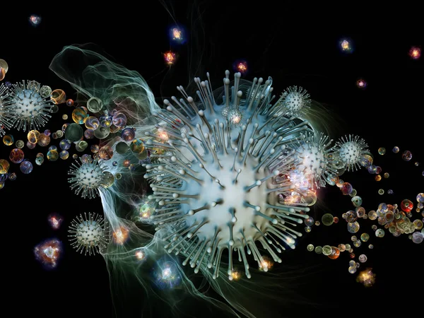 ウイルス感染 免疫系 健康をテーマにしたコロナウイルスウイルス粒子とマイクロ環境要素の3Dレンダリング — ストック写真