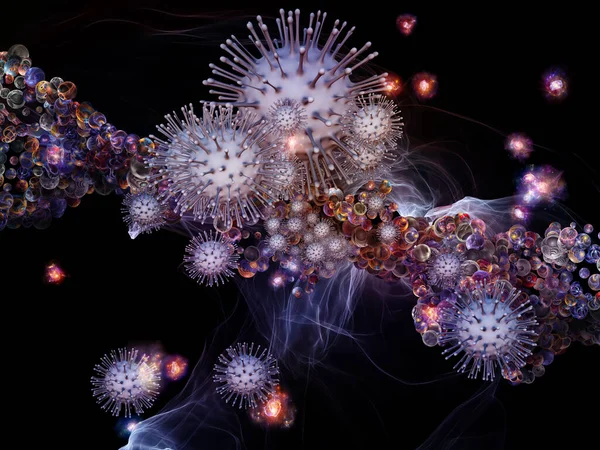 Renderização Interação Partículas Virais Elementos Celulares Abstratos Sobre Tema Coronavírus — Fotografia de Stock